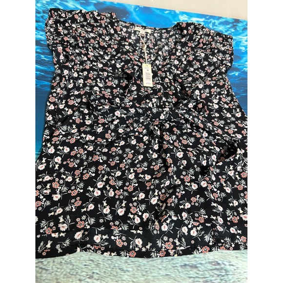 ☀️Max Studio Womens Floral Flutter Sleeve Wrap Tie Top Black Pink A703D39 M - Picture 5 of 11